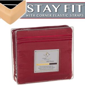 Clara Clark 1800 Series Bed Sheet Sets – Stay fit on Mattress with Elastic Straps at Corners – King, Burgundy Red