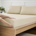 Twin Fitted Sheet Only with Full Elastic & Built in Corner Sheet Straps to Prevent Shifting – Soft & Breathable Brushed Microfiber Bottom Sheet, Twin, Beige/Cream