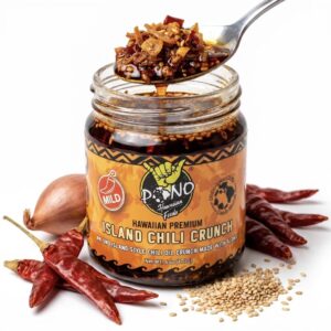 Pono Hawaiian Premium ISLAND Chili Crunch (MILD) – 6oz – Premium Ingredients – Umami, Sesame, Crispy Fried Shallots, Fresh Garlic, Chili Peppers -Made with Rice Bran Oil – Plant-Based – Vegetarian